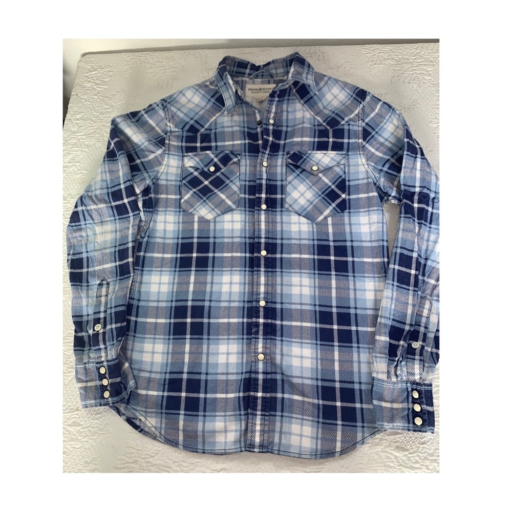 Denim & Supply Ralph Lauren Mens Western Flannel Snap Shirt Blue Plaid Small